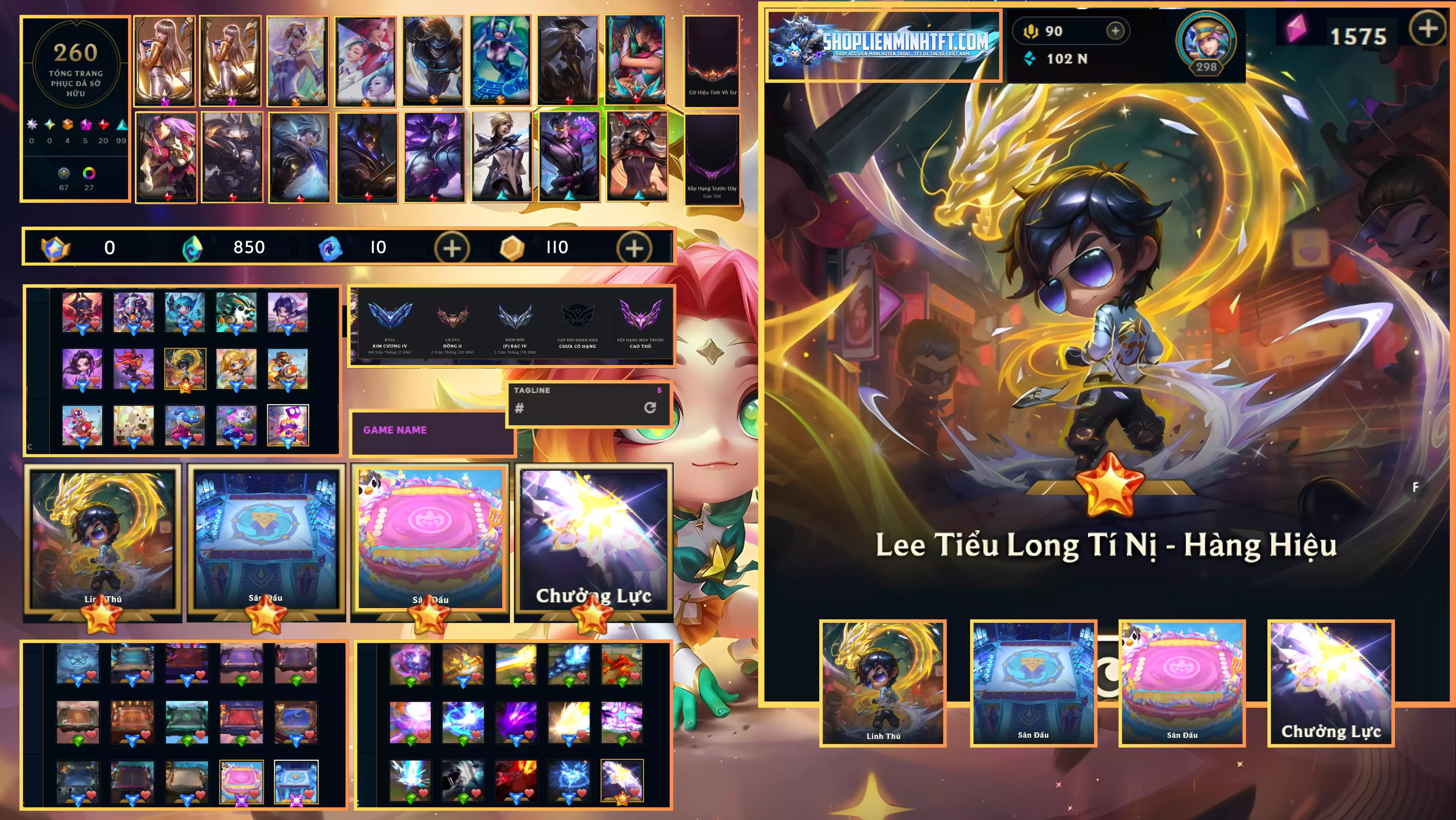 - Combo Lee Tiểu Long Tí Nị Hàng Hiệu Chưởng Sàn   - Dư 0 Huy Chương - 2 Vàng - 2 Tím - 2 Sàn Tím  - Dư 850 Pha Lê - 5 Tí Nị Thường - 8 Sàn Đỏ  - Chưởng Lực Như Ảnh - Rank KC -  Mail Gốc